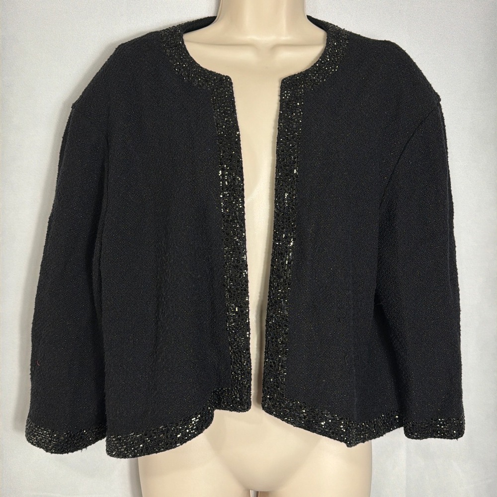 St. John Cardigan Jacket 16 Beaded Trim Wool Blend Open Front Black Womens